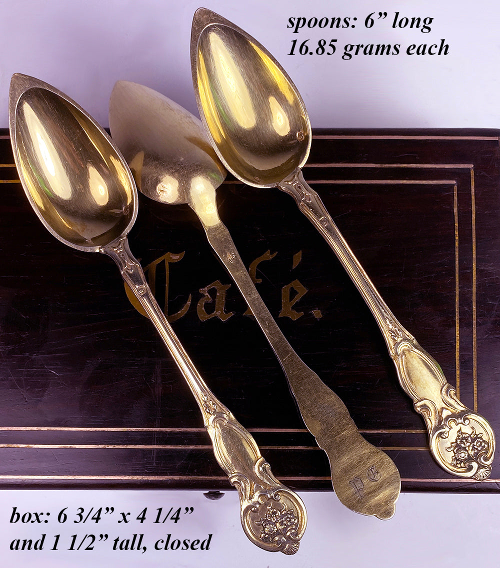 Superb Antique French Sterling Silver 18k Gold Vermeil Spoon Set of 6 in Wood Box