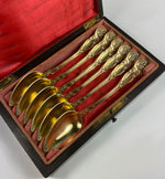 Superb Antique French Sterling Silver 18k Gold Vermeil Spoon Set of 6 in Wood Box