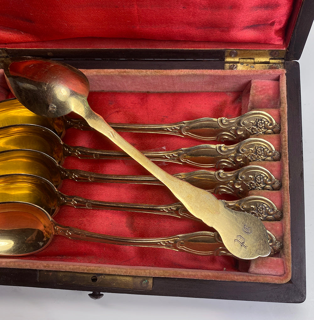 Superb Antique French Sterling Silver 18k Gold Vermeil Spoon Set of 6 in Wood Box