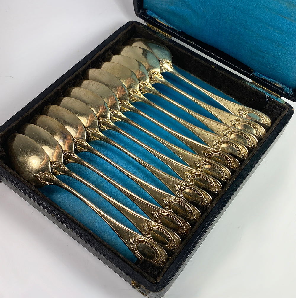 Set of 12 Henin Cie (Co) French Sterling Silver and 18k Gold Vermeil Spoons in Box,