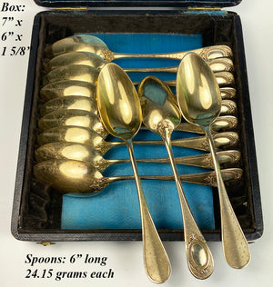 Set of 12 Henin & Cie (Co) French Sterling Silver and 18k Gold Vermeil Spoons in Box, c.1900