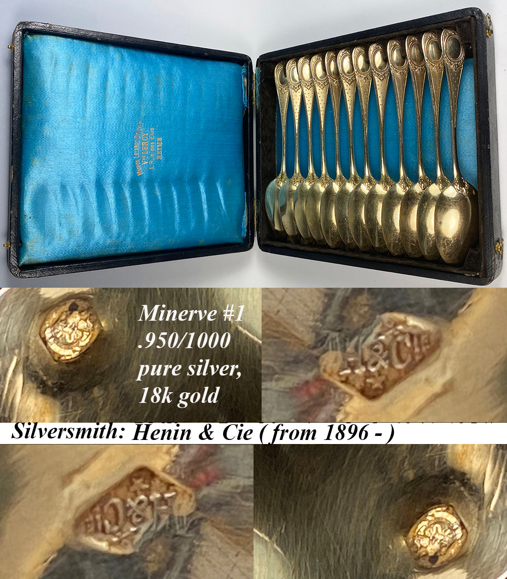 Set of 12 Henin & Cie (Co) French Sterling Silver and 18k Gold Vermeil Spoons in Box, c.1900