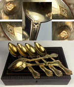 Opulent Antique French Sterling Silver 18k Gold Vermeil Spoon Set of 6 in Wood Box