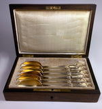 Opulent Antique French Sterling Silver 18k Gold Vermeil Spoon Set of 6 in Wood Box