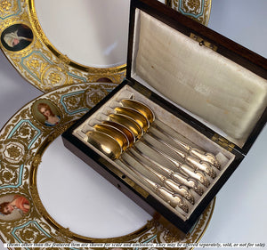 Opulent Antique French Sterling Silver 18k Gold Vermeil Spoon Set of 6 in Wood Box