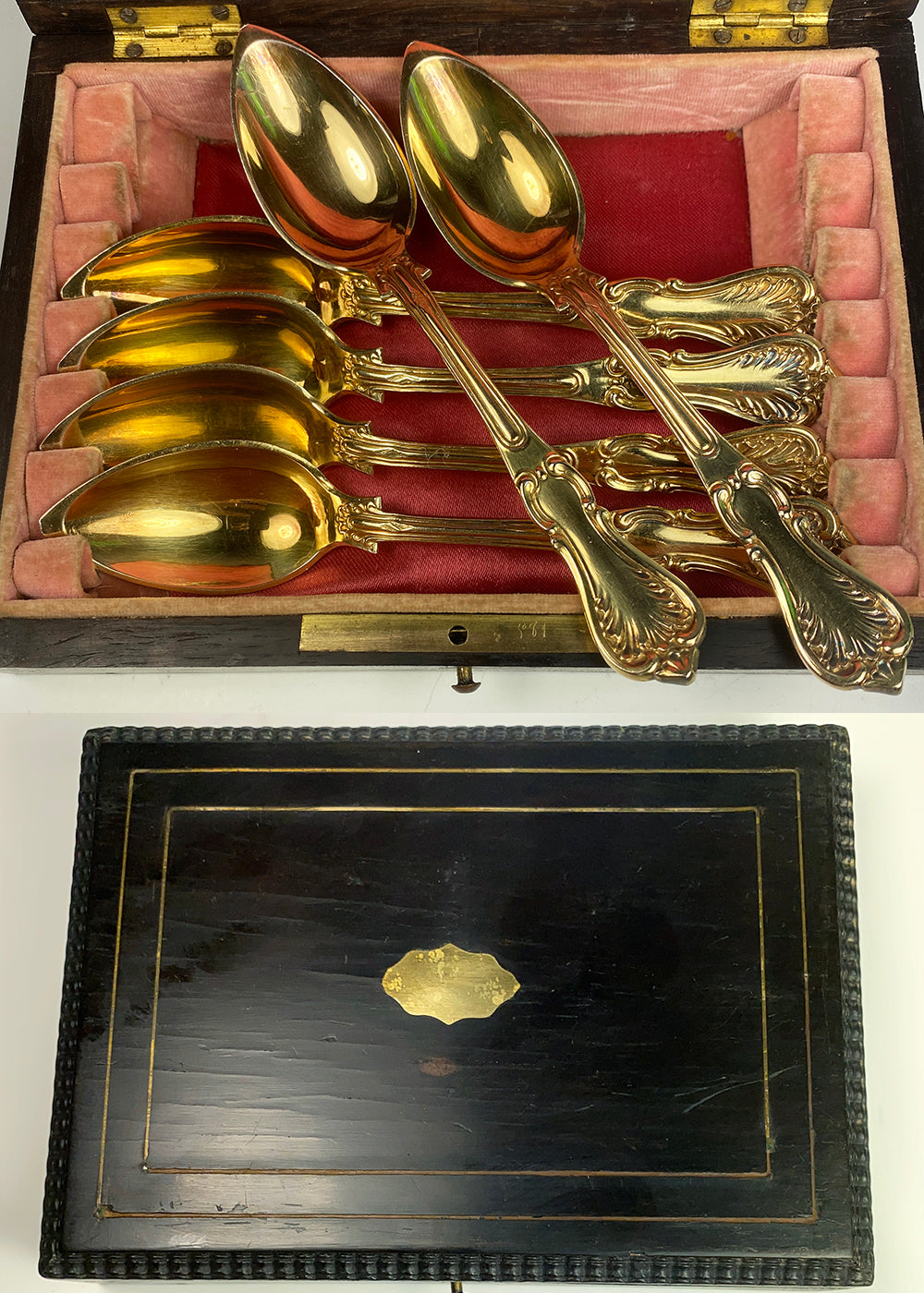 Elegant Antique French Sterling Silver 18k Gold Vermeil Spoon Set of 6 in Wood Box