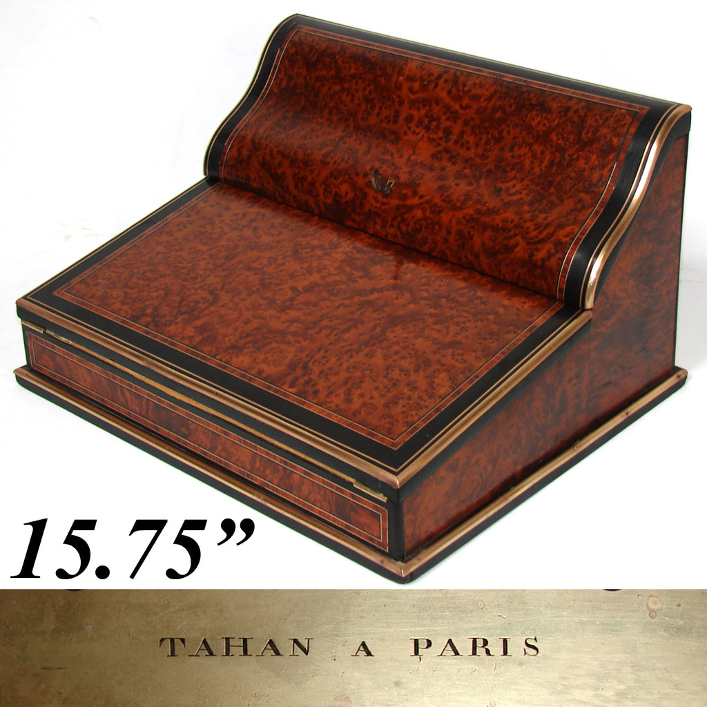 HUGE 15.75" Wide Antique French Writer's Cabinet, Lap Desk, Ecritoire, TAHAN of Paris, Maker