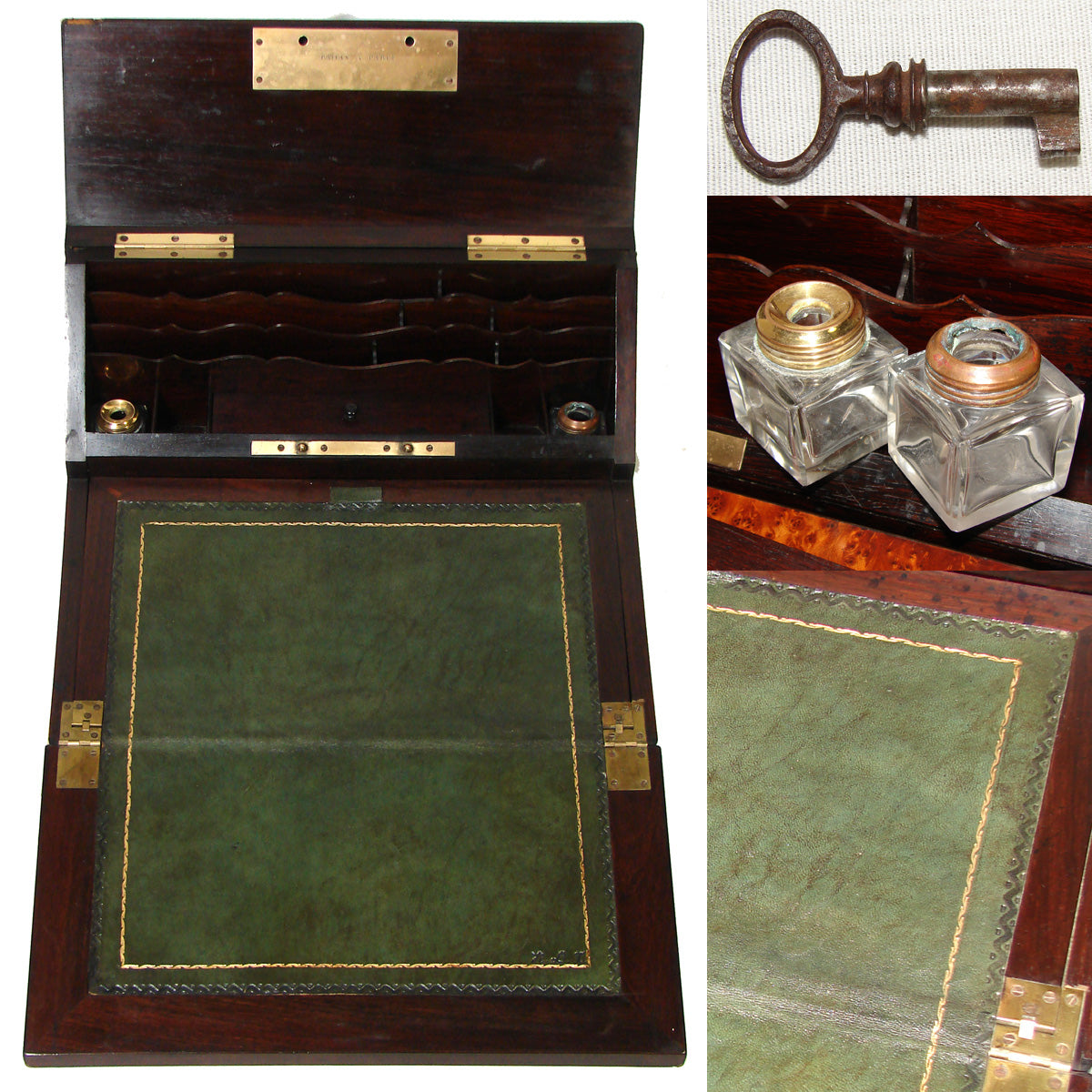 HUGE 15.75" Wide Antique French Writer's Cabinet, Lap Desk, Ecritoire, TAHAN of Paris, Maker