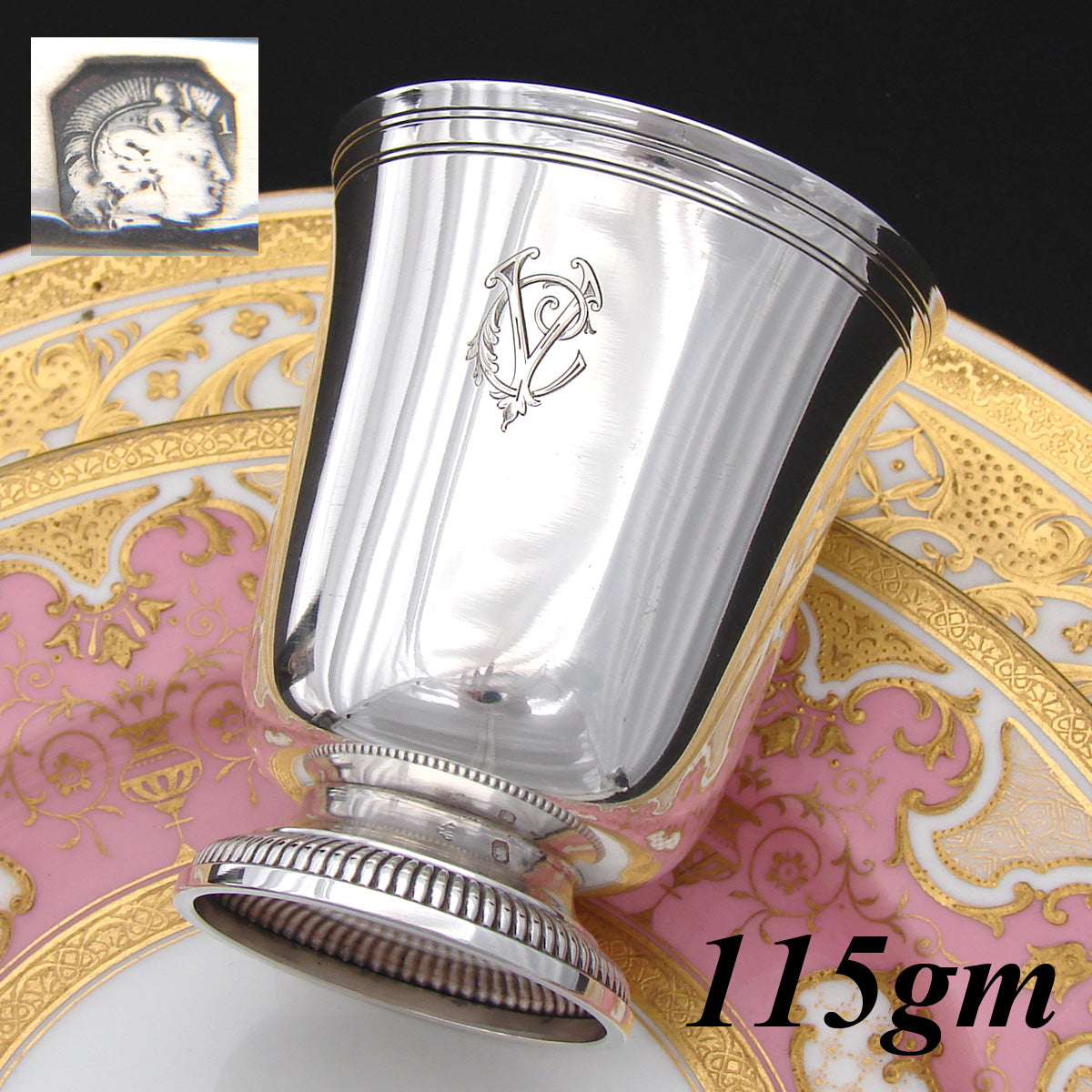 Antique French Sterling Silver Goblet, Mint Julep Cup, Tumbler or "Timbale", "CV" Monogram