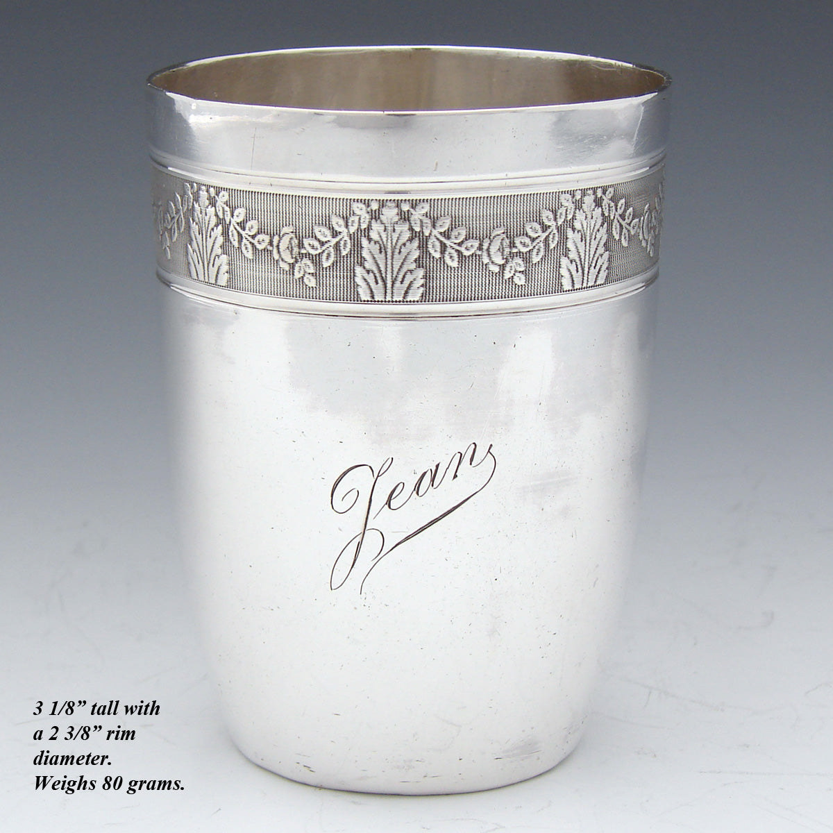 Antique French Sterling Silver Mint Julep Cup, Tumbler or Timbale, "Jean" Inscription