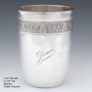 Antique French Sterling Silver Mint Julep Cup, Tumbler or Timbale, "Jean" Inscription