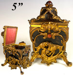 RARE Antique French Ormolu Frame 5" Tall Jewelry Box, Scent Caddy, Dogs & Agate Jeweled