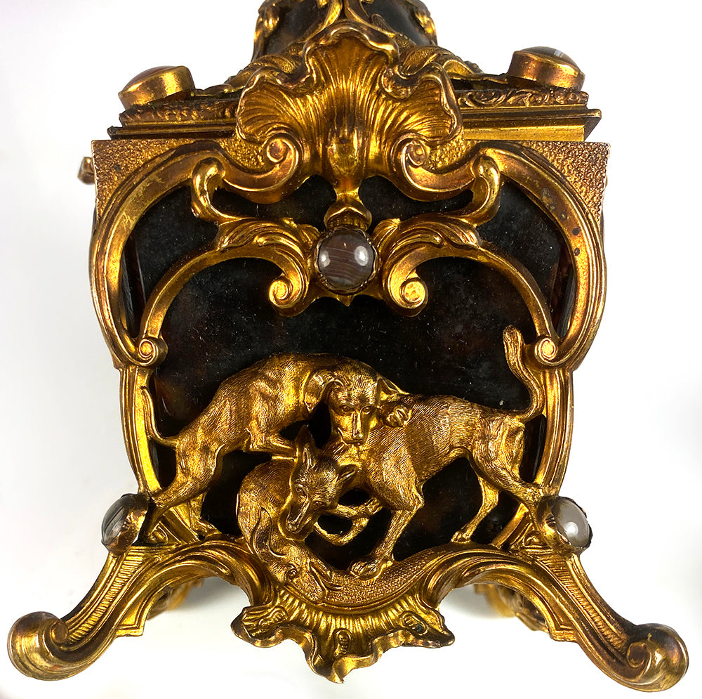 RARE Antique French Ormolu Frame 5" Tall Jewelry Box, Scent Caddy, Dogs & Agate Jeweled