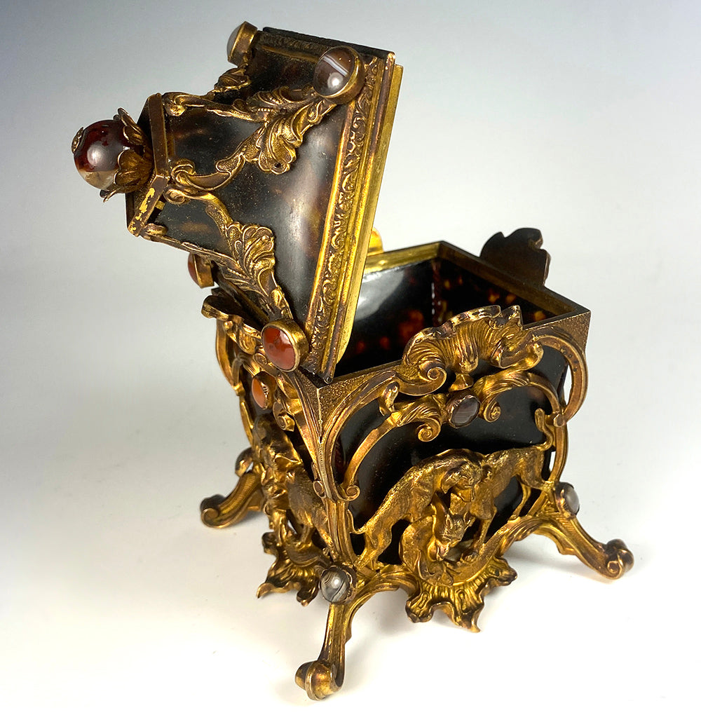RARE Antique French Ormolu Frame 5" Tall Jewelry Box, Scent Caddy, Dogs & Agate Jeweled