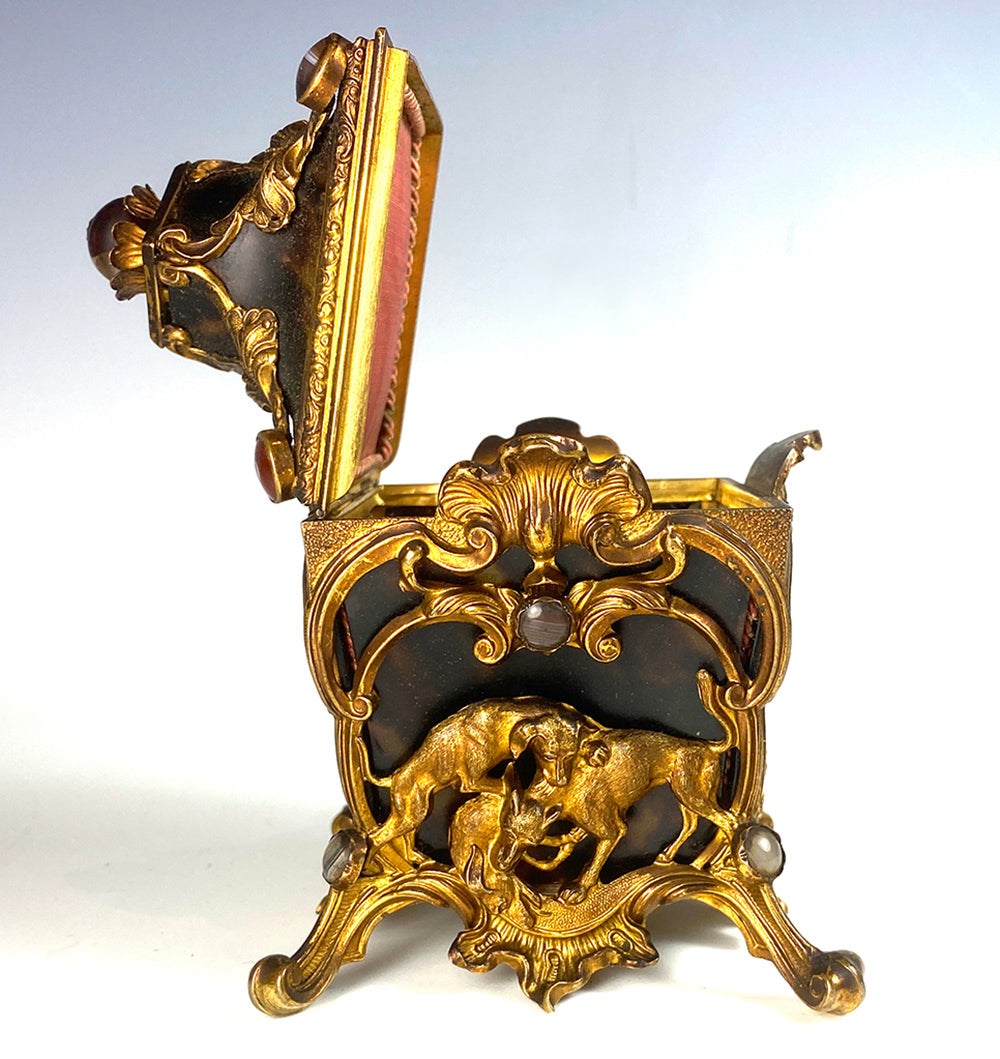 RARE Antique French Ormolu Frame 5" Tall Jewelry Box, Scent Caddy, Dogs & Agate Jeweled