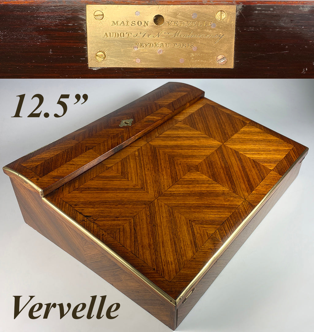 Antique 19th c. French Kingwood Slope, Writer's Desk Box Inkwells & Stationery, VERVELLE