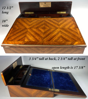 Antique 19th c. French Kingwood Slope, Writer's Desk Box Inkwells & Stationery, VERVELLE