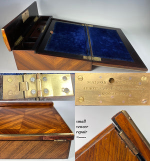 Antique 19th c. French Kingwood Slope, Writer's Desk Box Inkwells & Stationery, VERVELLE