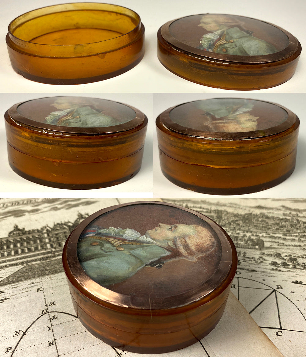 RARE c.1770s French Portrait Miniature on Blond Tortoise Shell Snuff Box, 18k Gold Mount