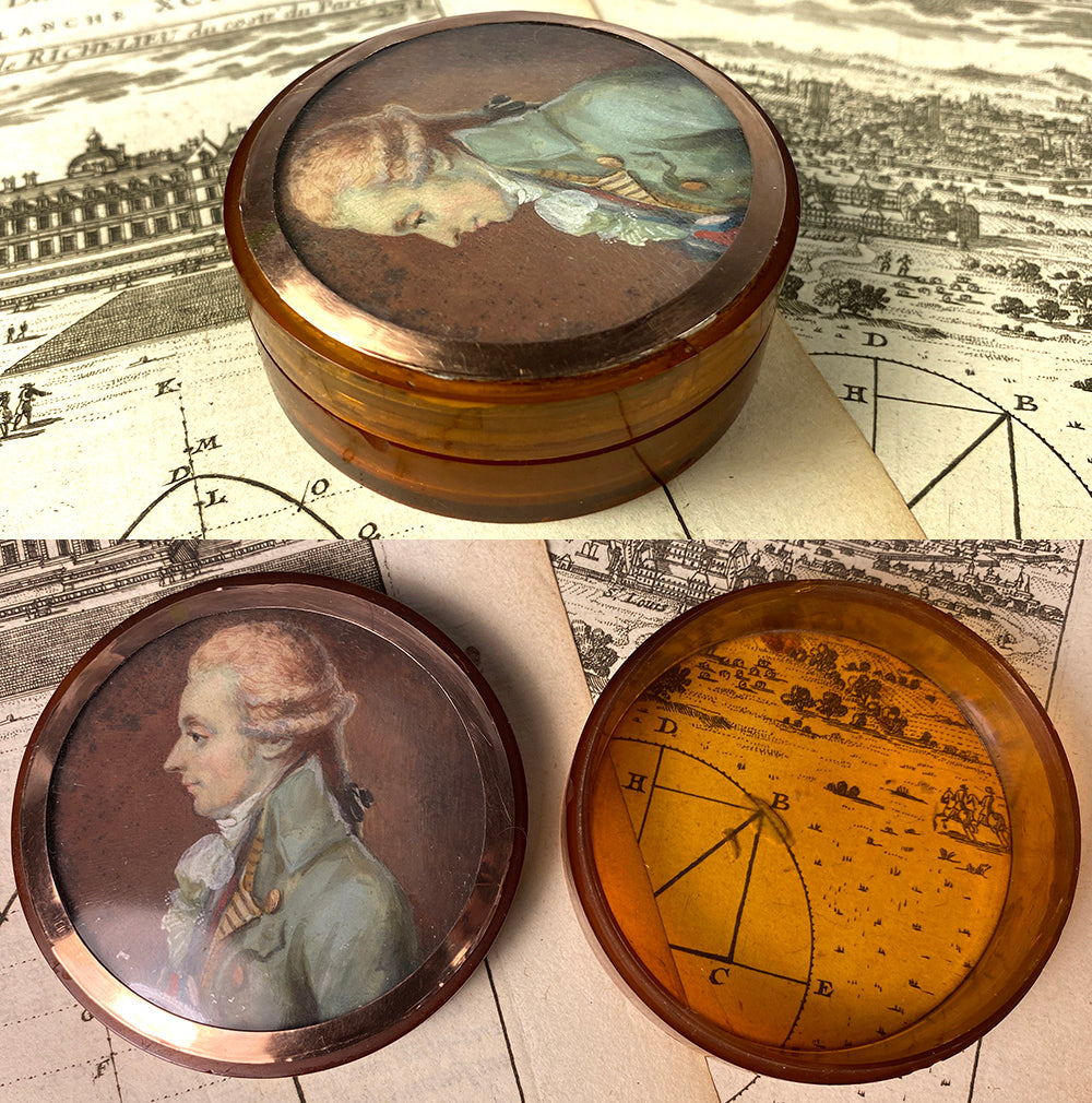 RARE c.1770s French Portrait Miniature on Blond Tortoise Shell Snuff Box, 18k Gold Mount