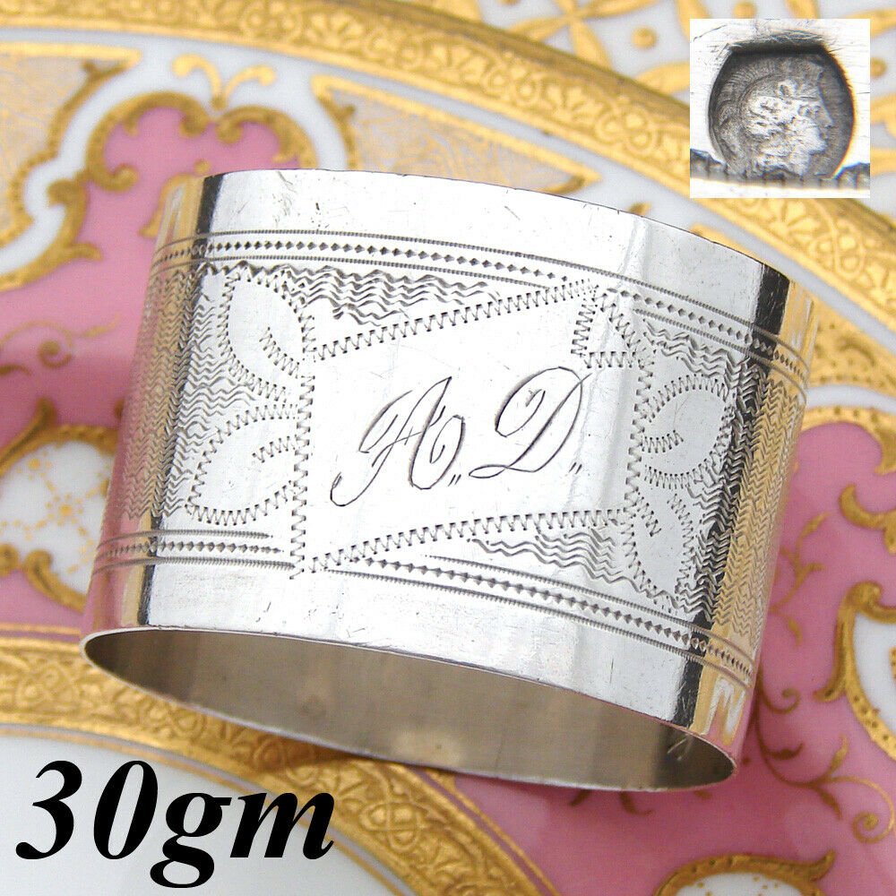 Antique French .800 Silver Napkin Ring, Guilloche Style Decoration, "A.D." Mono