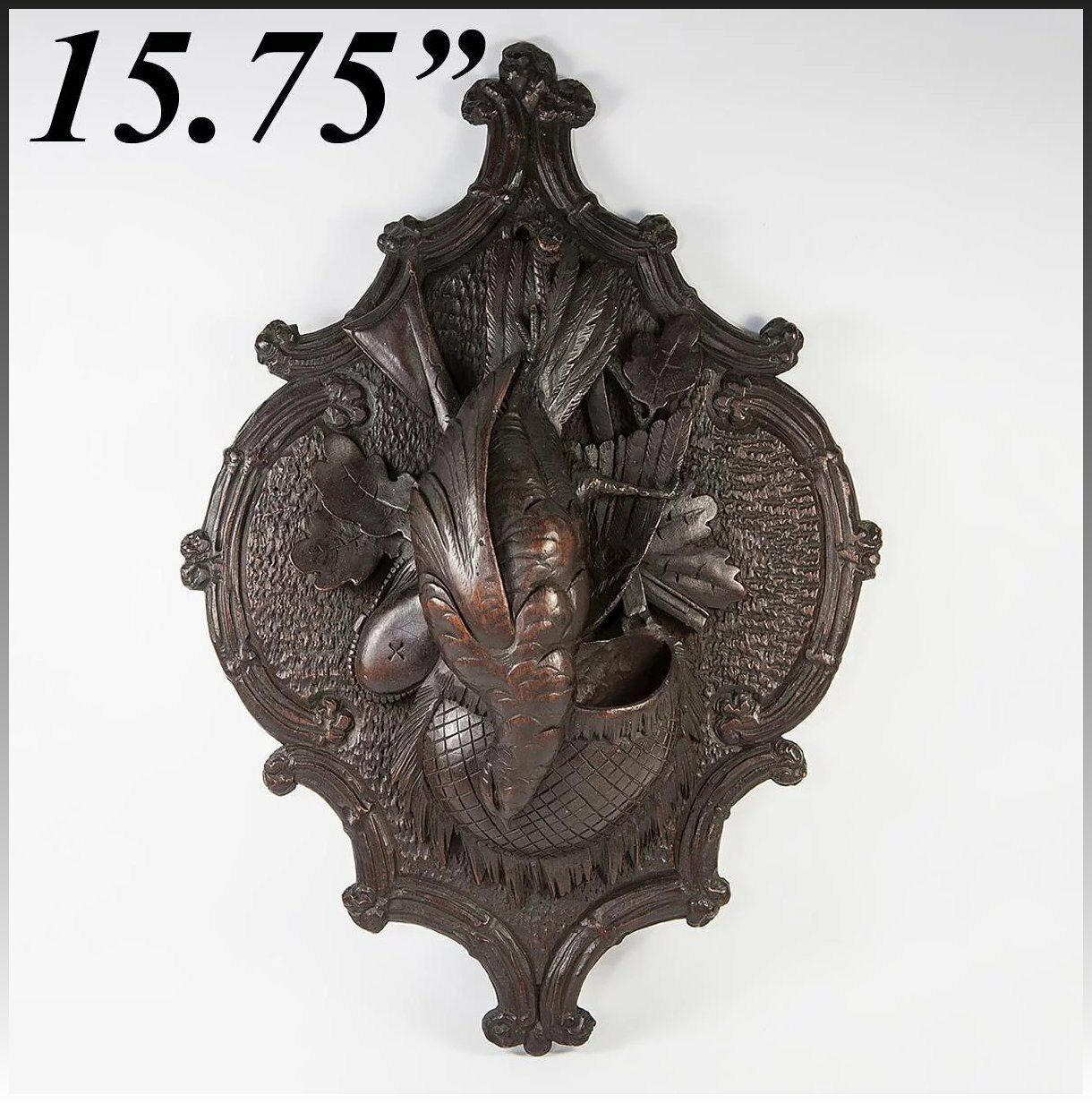 Antique Carved Black Forest "Fruits of the Hunt" 15.75" Wall Plaque, Match Hold