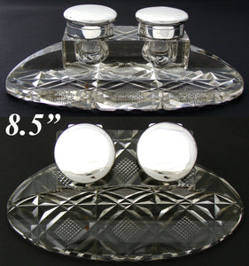 HUGE Elegant Antique English Sterling Silver & Cut Crystal 8.5" Double Inkwell