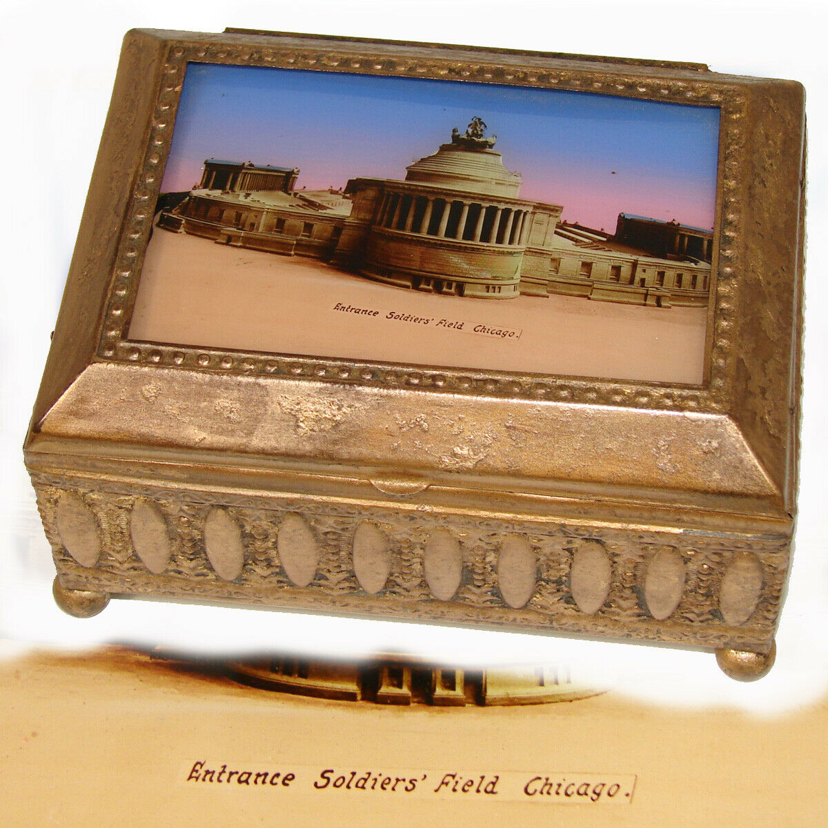 Antique Eglomise & Gilt Cigarette Box, Casket: Entrance Soldiers Field Chicago