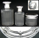 Antique French Sterling Silver & Cut Glass 3pc Vanity Set, Two Perfumes & Lg Jar