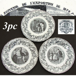 Antique French 3pc Figural Cabinet Plate Set, “Souvenir de L’Exposition de 1878”