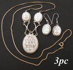 Antique Edwardian Italian 3pc Carved Cameo Necklace & Earrings Set, Three Graces