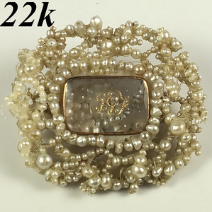 Antique Georgian 22k Gold and Seed Pearl Mourning Brooch, Rock Crystal Locket