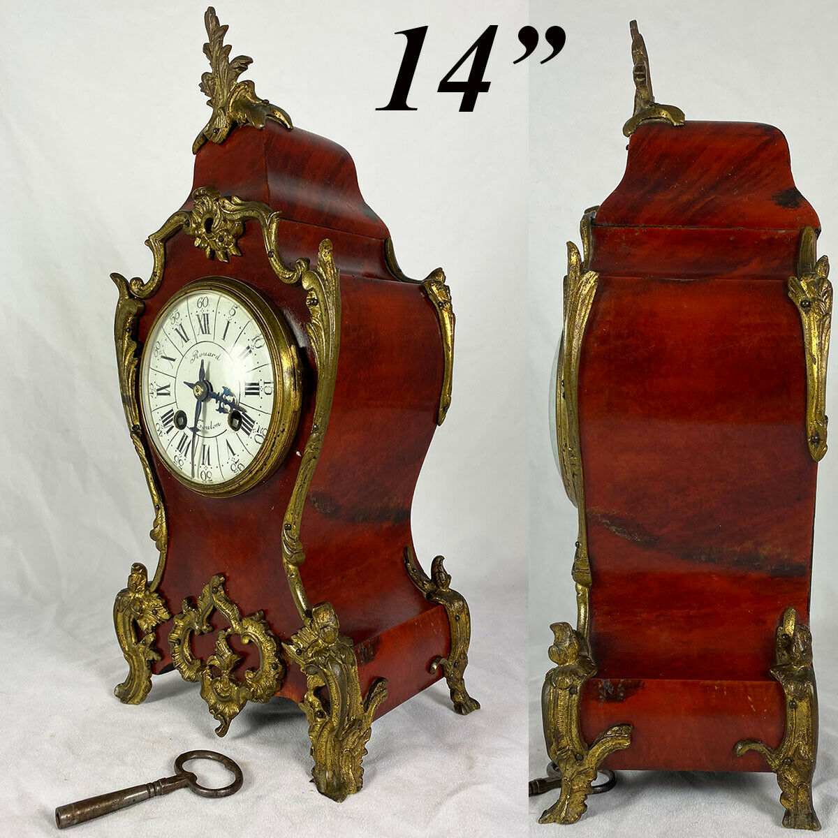 Superb Antique French Boulle Rouard Mantel Clock, 14" Tall, Working and Complete