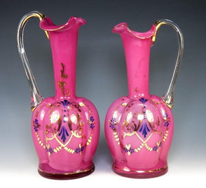 Antique French Pair of Pink Opaline Decanters, Demi-Carafe for Table or as Vases