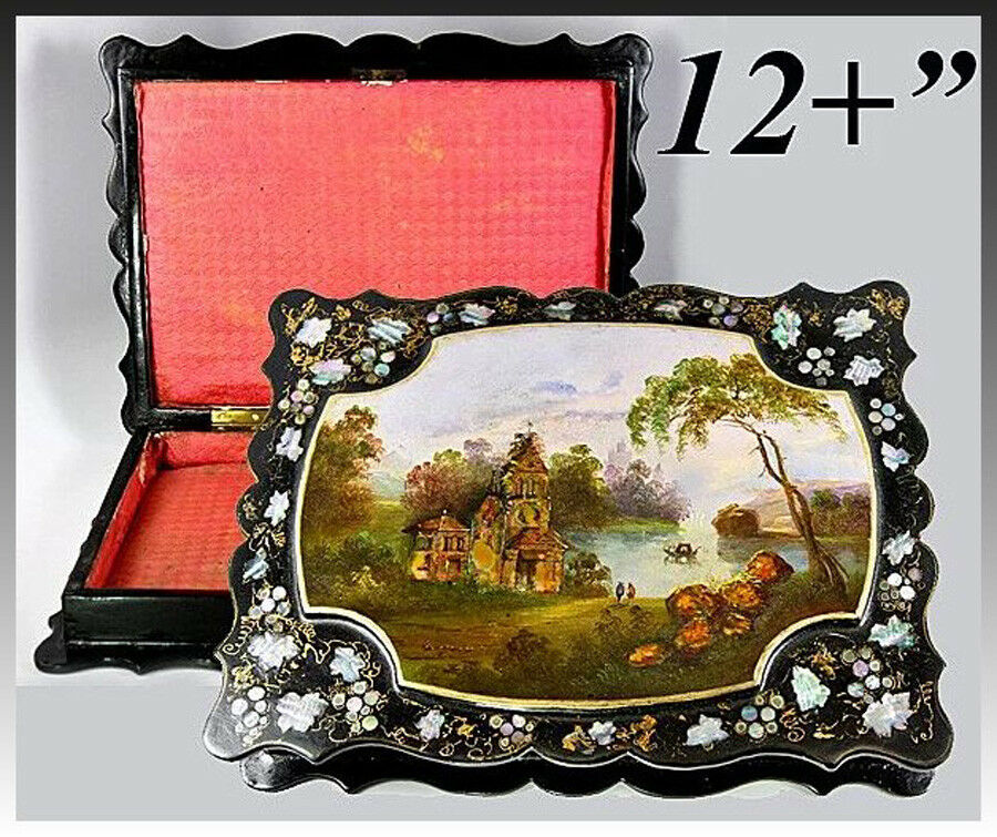 Antique Victorian Era 12" Jewelry or Work Box, Gorgeous Hand Painted Casket