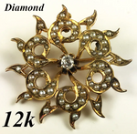 Antique Edwardian 12k Gold Starburst Pendant, 1 2/8" Brooch, Diamond, Seed Pearl