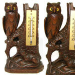 Charming Antique Black Forest Thermometer Stand, Owl & Rodent, Swiss Souvenir