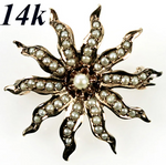 Antique Edwardian 14k Gold Starburst Brooch, Enhancer, Seed Pearls, Mourning