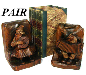 Vintage Black Forest Anri Style Carved Wood Bookends, Musical Figures