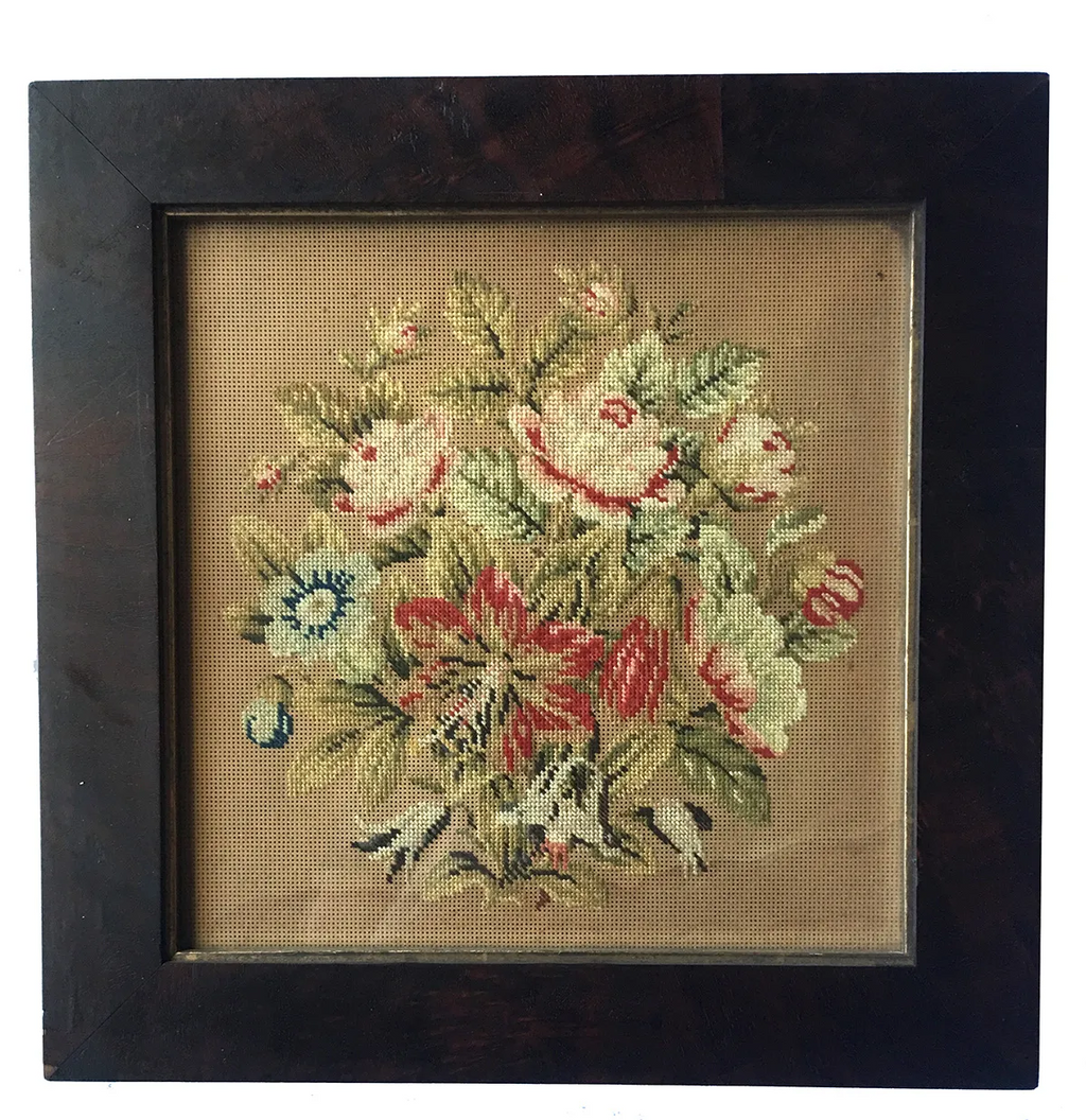 Antique Burled Wood Victorian Frame and Punchwork, Needlepoint on Paper, c.1830