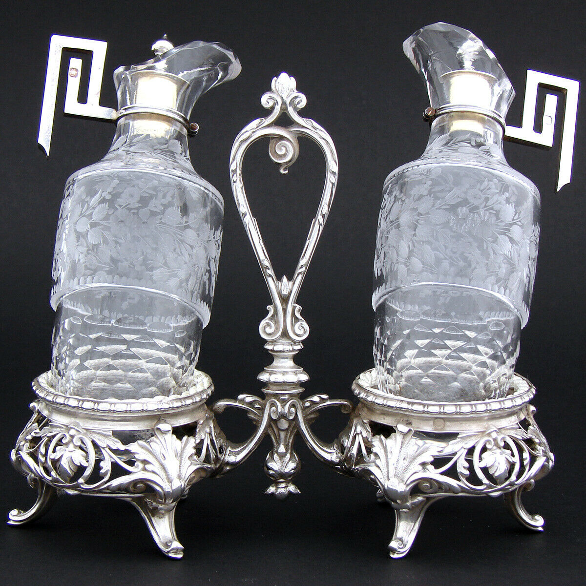 Antique French Sterling Silver & Cut Glass Solitaire Oil & Vinegar Cruet Stand