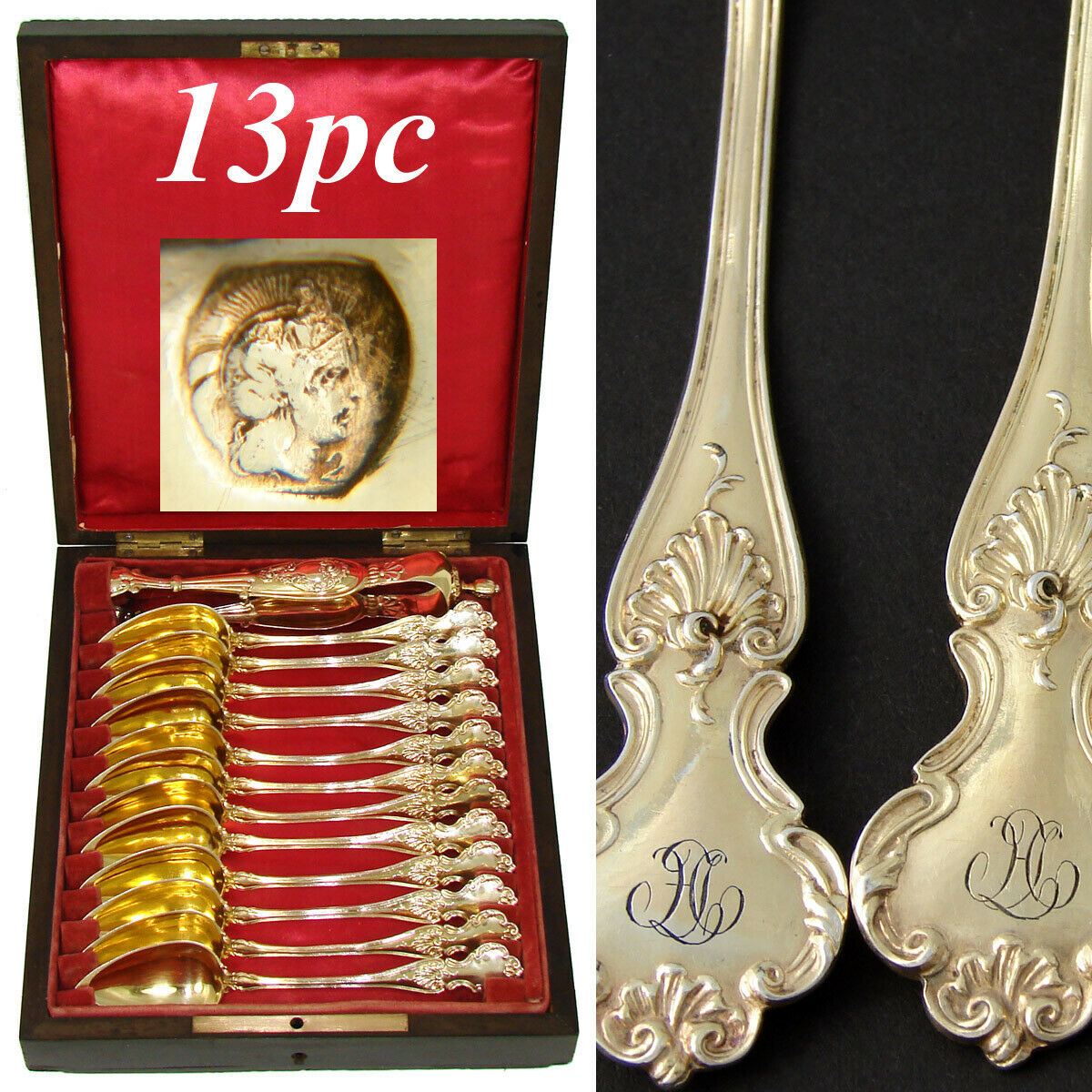 Antique French 18k Vermeil 12pc Coffee or Teaspoon Set, Ebony Box, "HL" Monogram