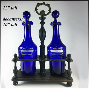 Antique French Enameled Cobalt Blue Glass Oil, Vinegar, in Original Wood Stand