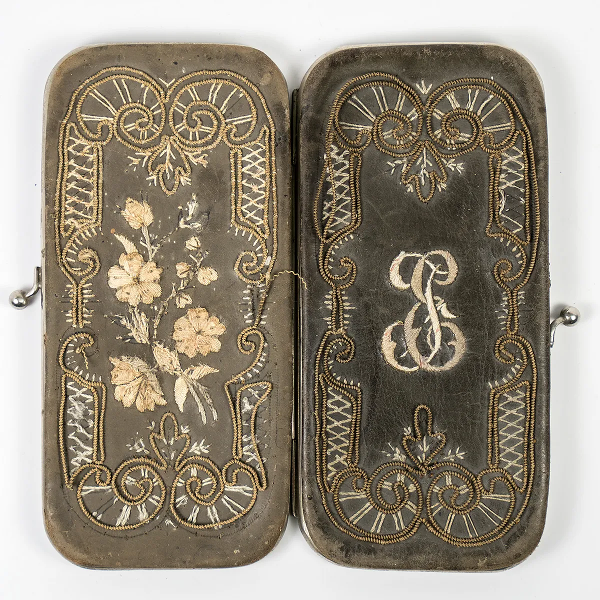 Antique 1880s Victorian Era Cigar Case, Silk & Metallic Embroidery, Moire Silk