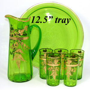 Antique Moser Green Glass 7pc Punch or Lemonade Service, Gold Enamel, 12.5" Tray