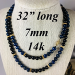 Vintage Hand Carved Lapis Lazuli and Jet Bead Necklace 32" Long, 14k Gold, Too