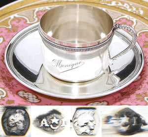 Antique French .800 (nearly sterling) Silver Tea Cup & Saucer, Large "Monique"