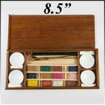 Antique French Watercolor Paint Box, 12 Unused Aquarelle Paint Blocks, 4 Ceramic