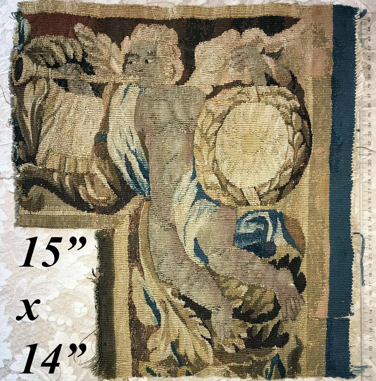 Antique c.1700s French Gobelin Tapestry Fragment, Figural, Putti, 15" x 14"