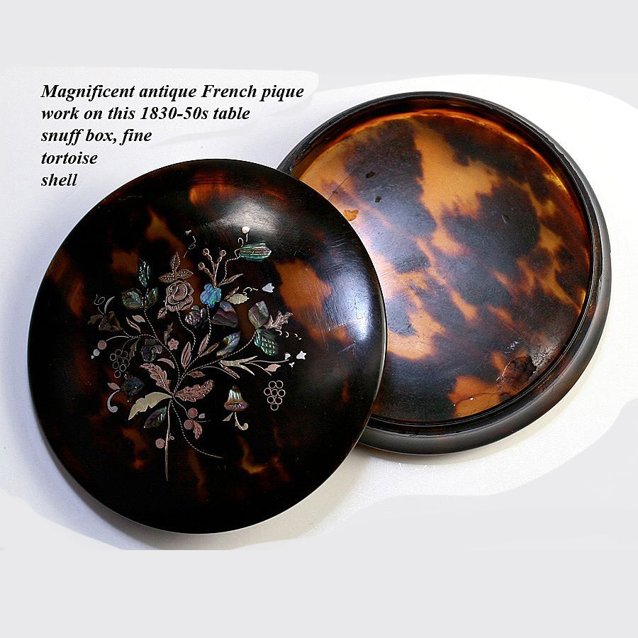 Antique French c.1830-50s Pique Tortoise Shell Snuff or Powder, Patch Box, Shell & Tortoiseshell